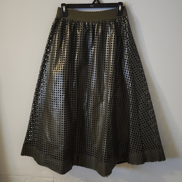 Beulah Style Olive Green Perforated Leather Aline Midi Skirt M - Picture 2 of 4